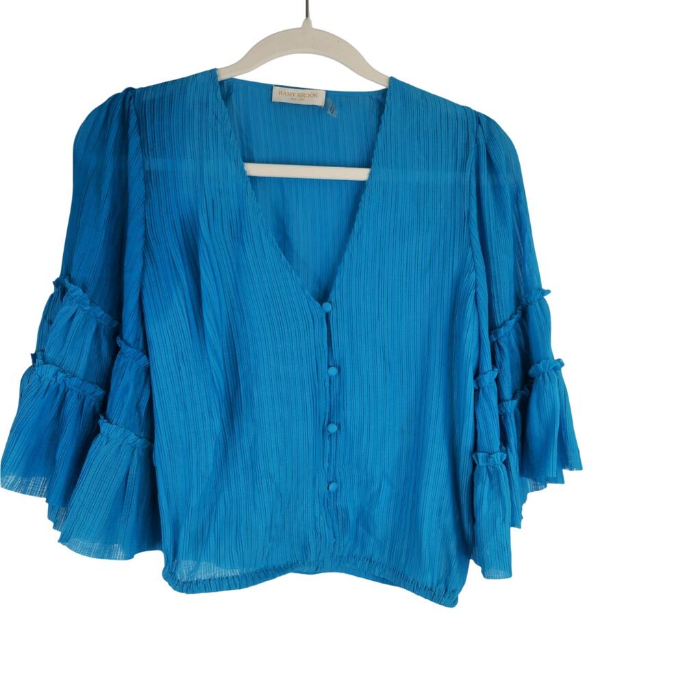 Ramy Brook Blue Textured Cropped Blouse Bell Sleeves Women's XS